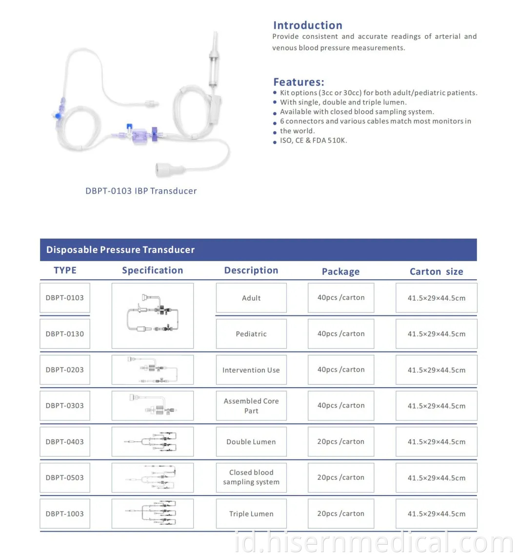 Produk Instrumen Medis Pabrik China Dbpt-0203 Hisern Medical Disposable Blood Pressure Transduser